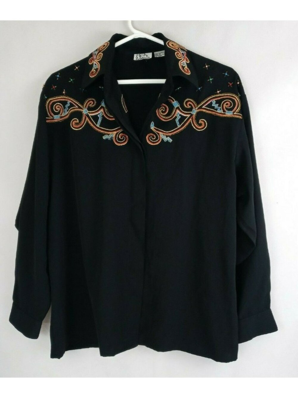 Vintage Gantos Women's Black Blouse With Metallic Beaded Embroidery Size Medium